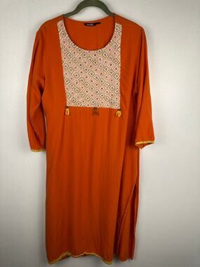 Zudio women's orange straight kurta contrasting printed geometric yoke XL